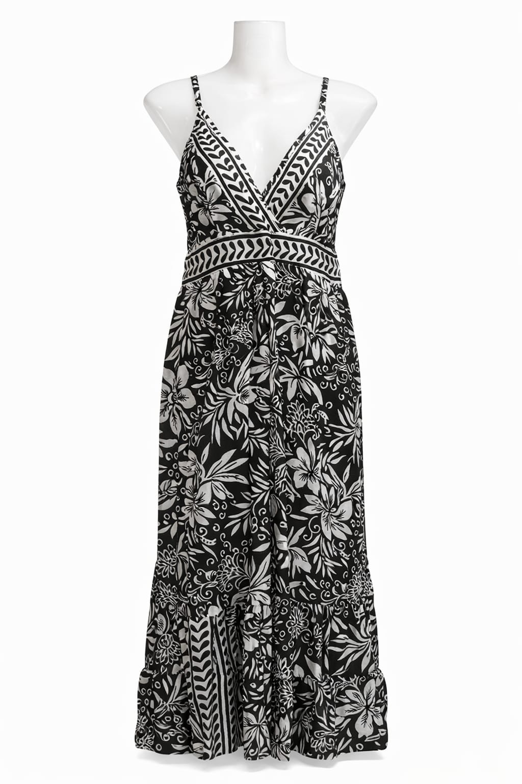 Women's Black & White Floral Print Sleeveless Maxi Dress