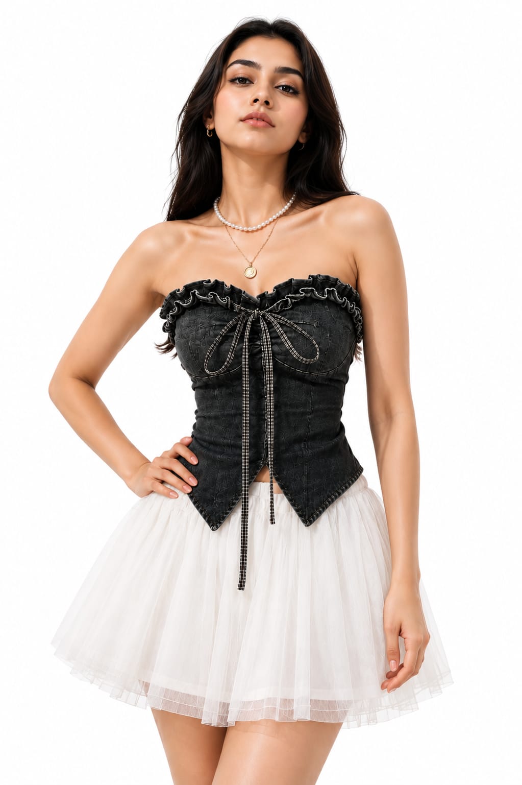 Women’s Denim Corset Top with White Tulle Skirt