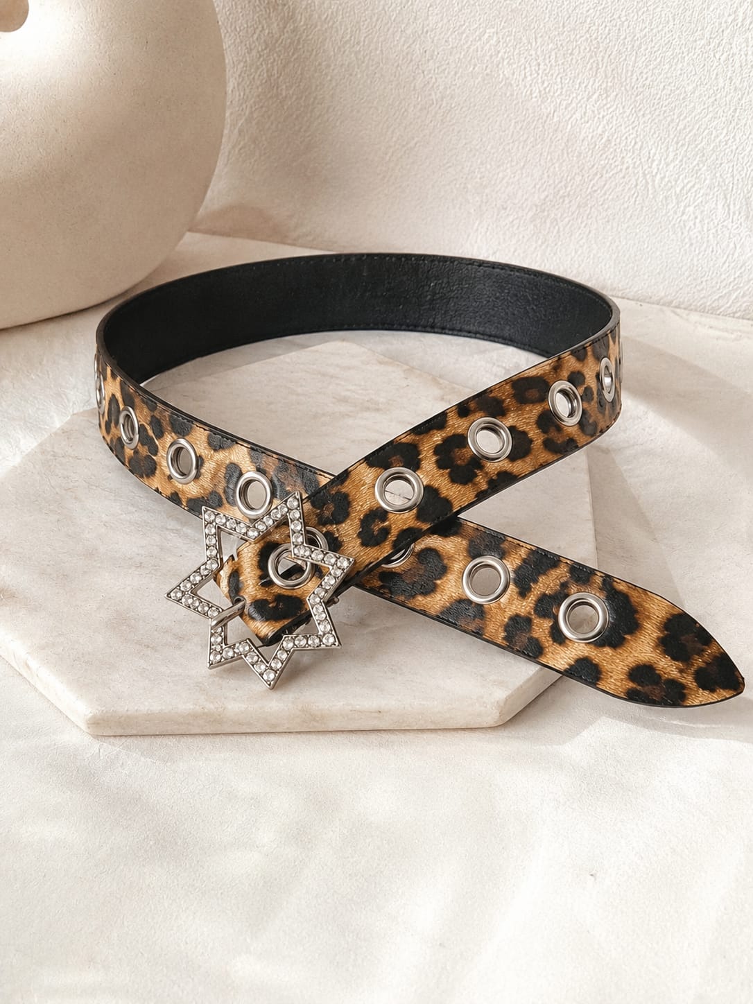 Leopard Print Star Buckle Eyelet Belt