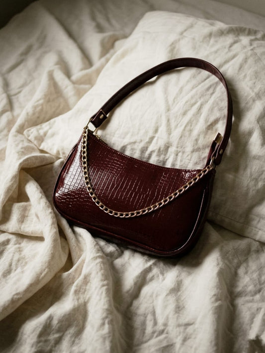 burgundy Croc-texture leather shoulder bag