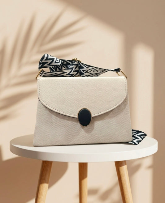 Elegant Ivory Sling Handbag with Printed Scarf Strap