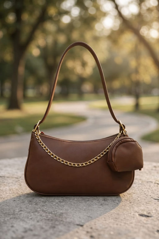 Women Brown Moon Shoulder Bag with Chain & Mini Pouch