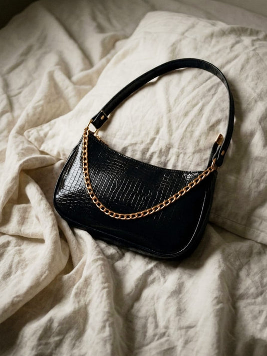 Textured Black Mini Shoulder Bag with Chain Detail