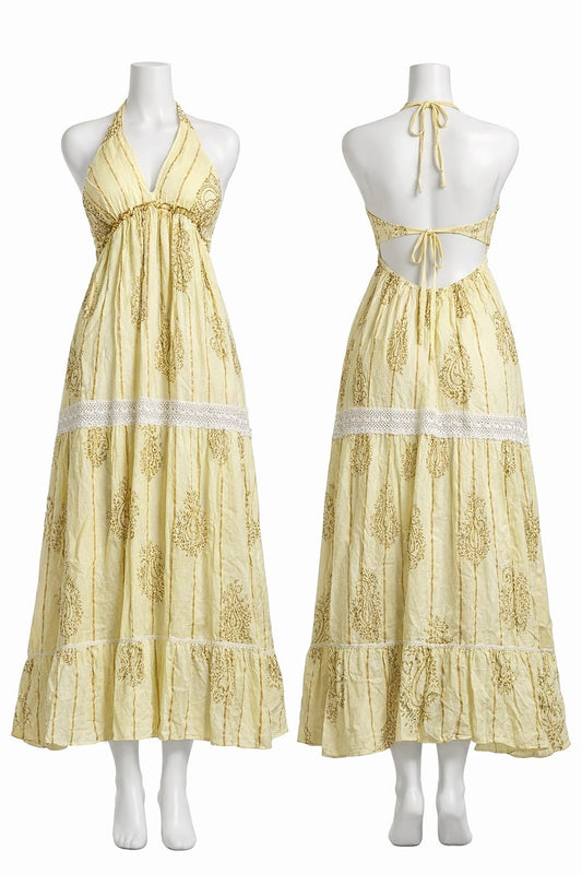 Elegant Yellow Halter Neck Midi Dress