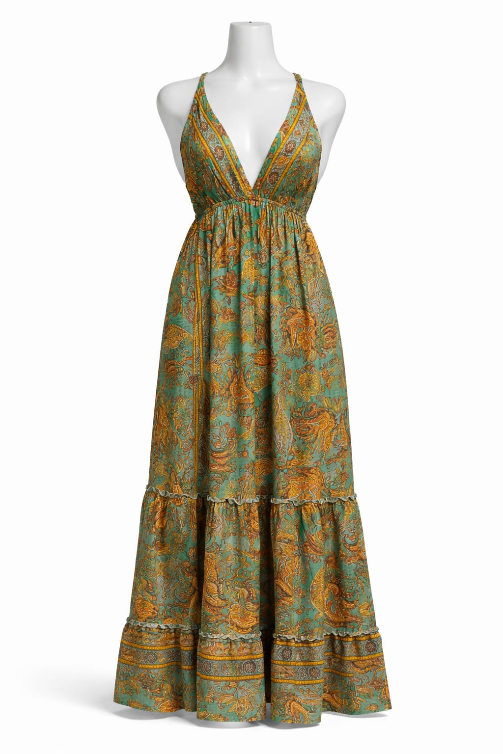 Women's Sea Green Ethnic Print Sleeveless Maxi Dress