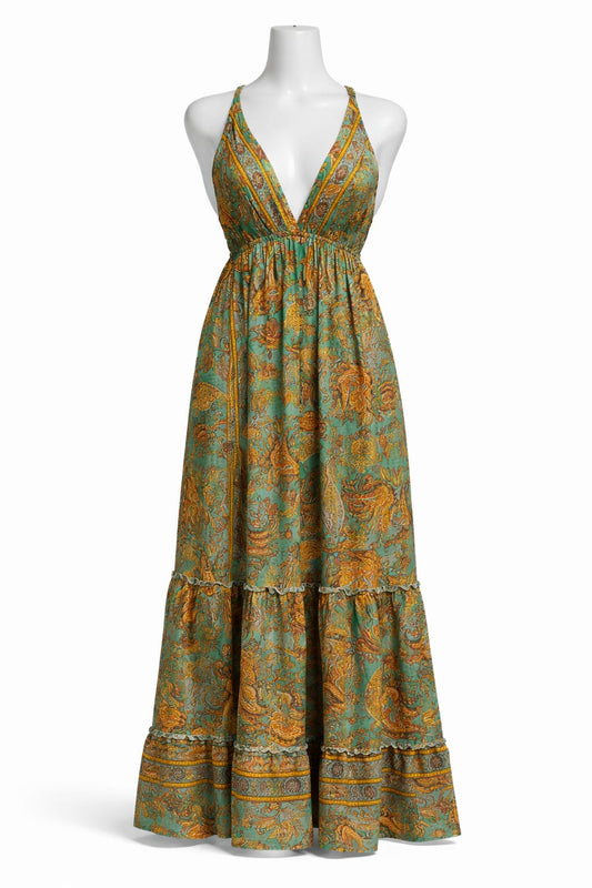Women's Sea Green Ethnic Print Sleeveless Maxi Dress