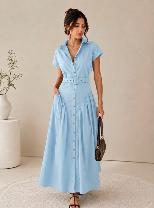 Women’s Belted Button-Down Maxi Shirt Dress