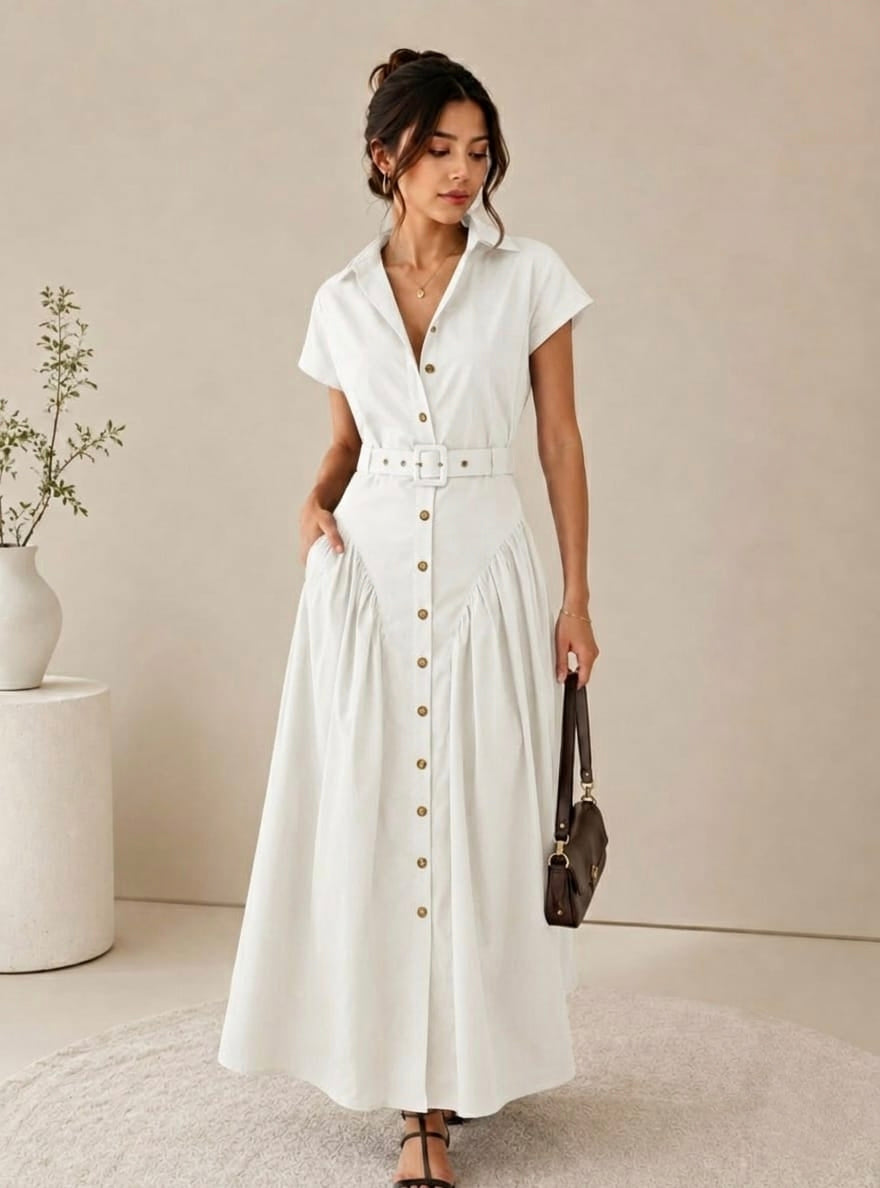 Women’s Belted Button-Down Maxi Shirt Dress