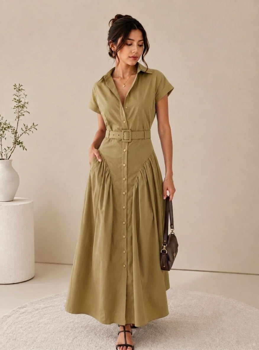 Women’s Belted Button-Down Maxi Shirt Dress