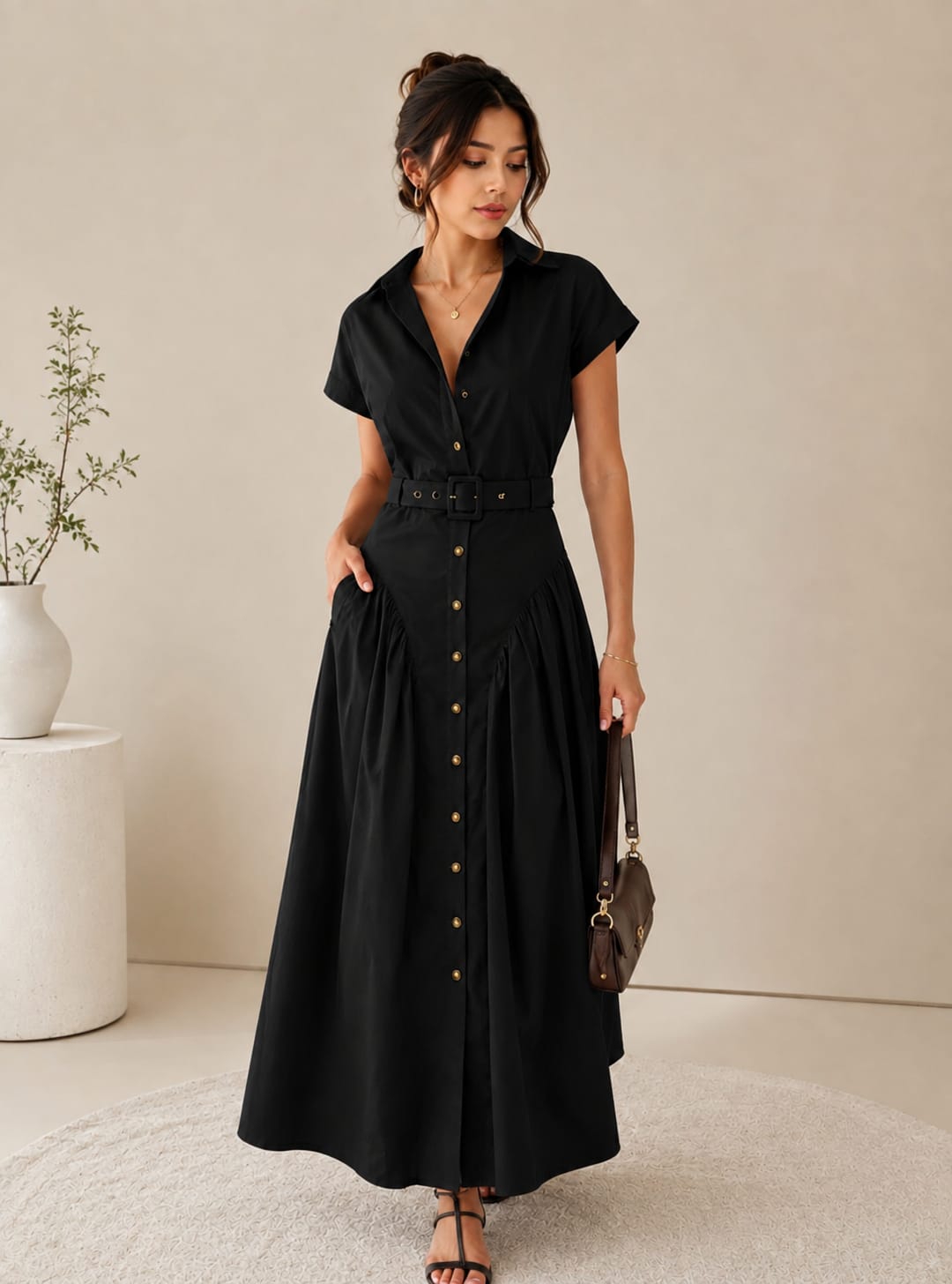 Women’s Belted Button-Down Maxi Shirt Dress