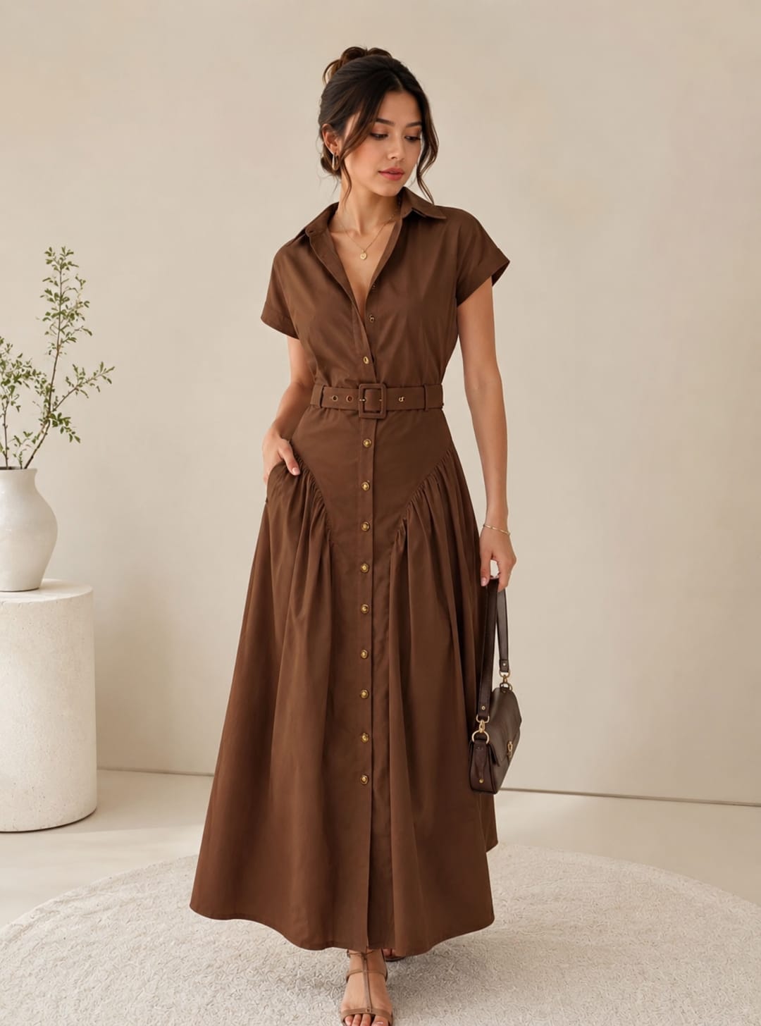 Women’s Belted Button-Down Maxi Shirt Dress