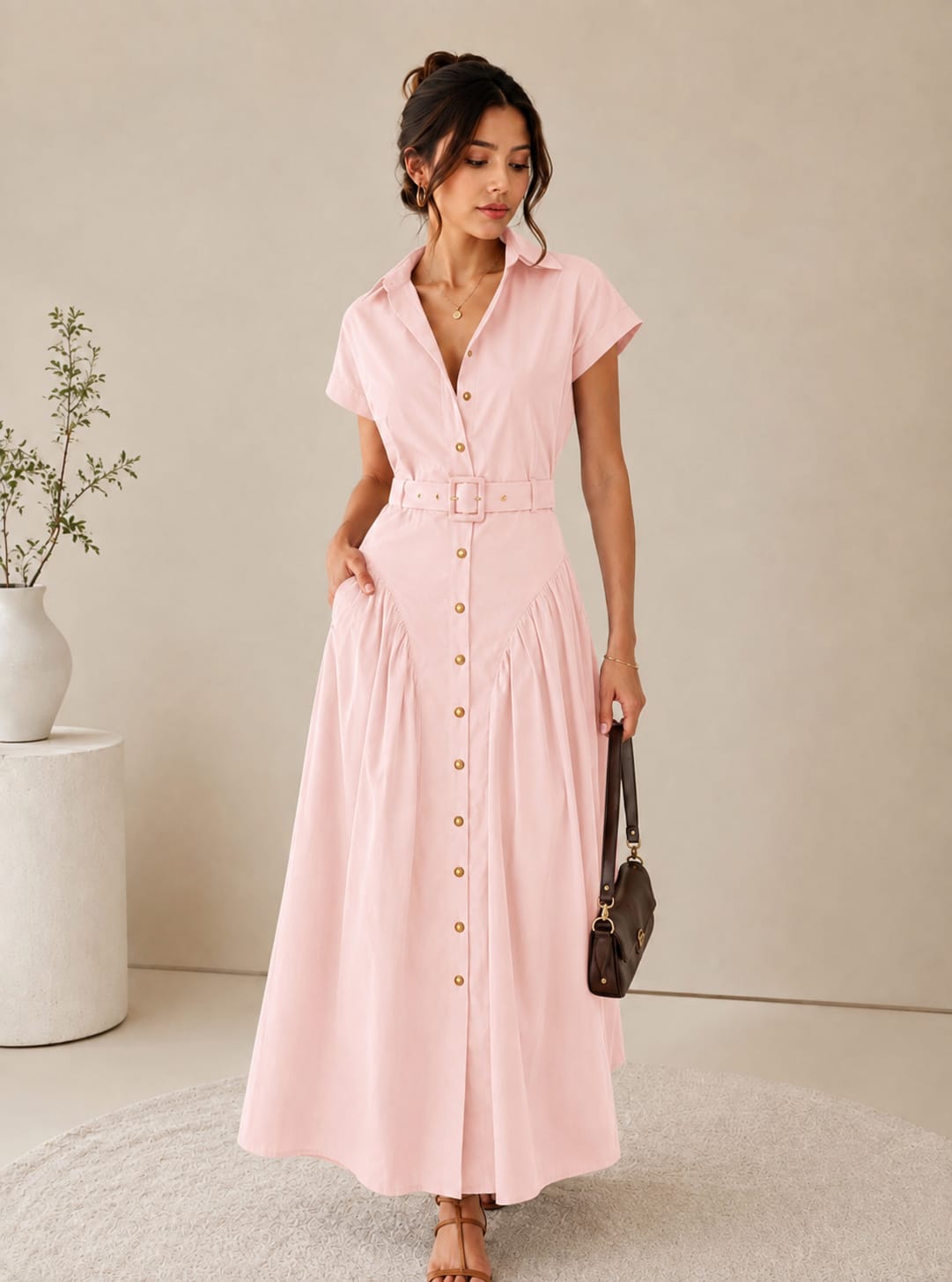 Women’s Belted Button-Down Maxi Shirt Dress