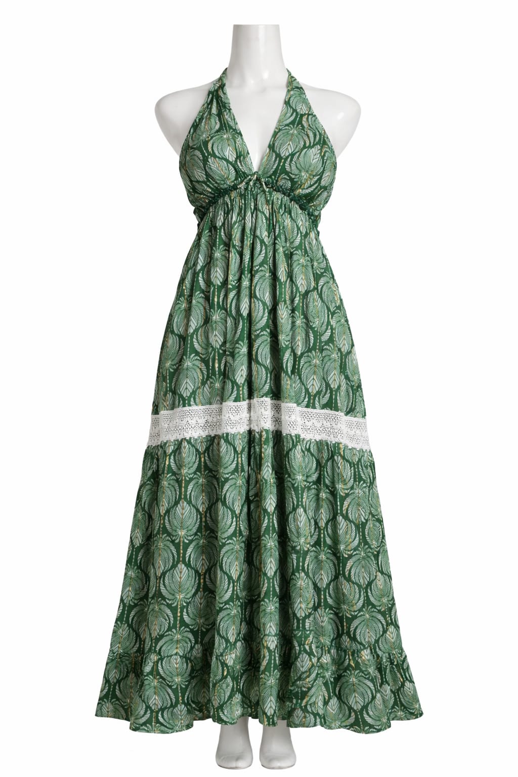 Elegant Green Halter Neck Printed Maxi Dress