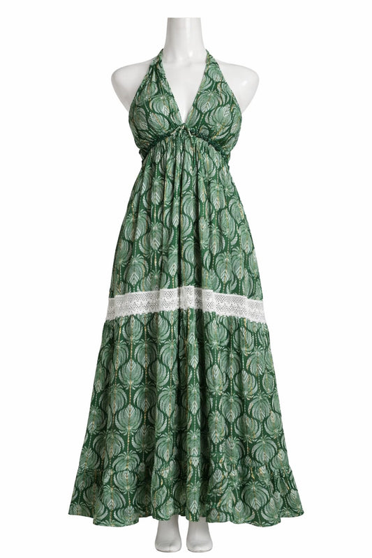 Elegant Green Halter Neck Printed Maxi Dress