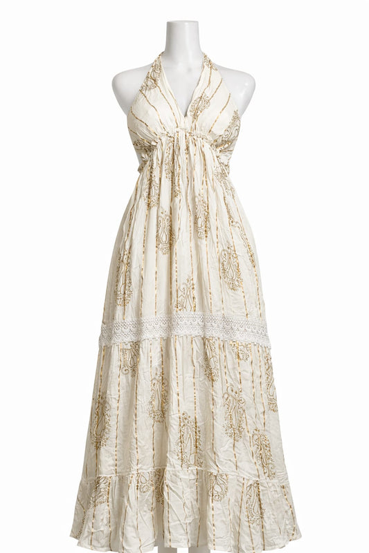Elegant Cream & Gold Halter Neck Maxi Dress