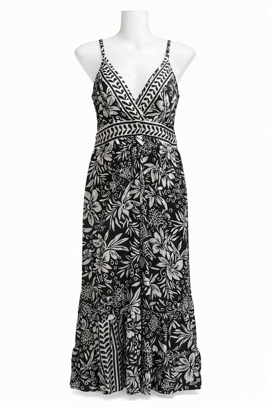 Women's Black & White Floral Print Sleeveless Maxi Dress