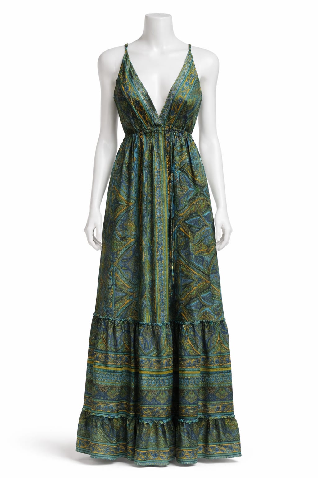 Women's Green Printed Sleeveless Maxi Dress