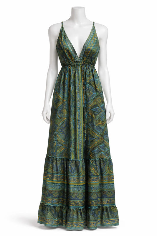 Women's Green Printed Sleeveless Maxi Dress
