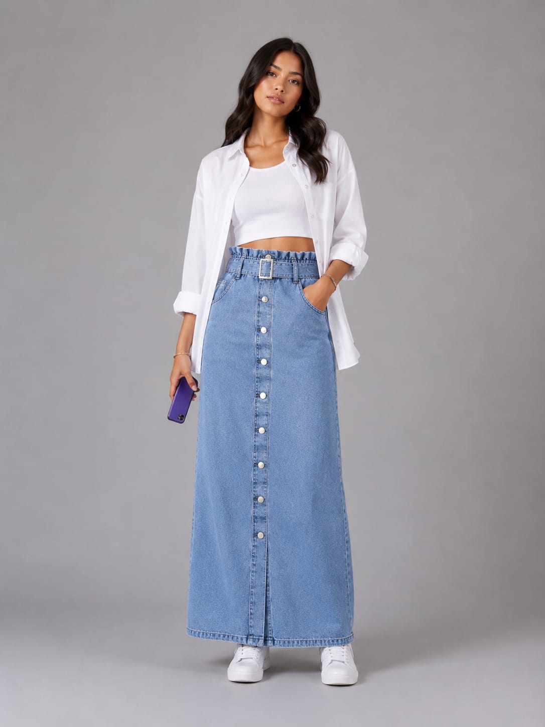 Women’s High-Waisted Button-Front Denim Maxi Skirt