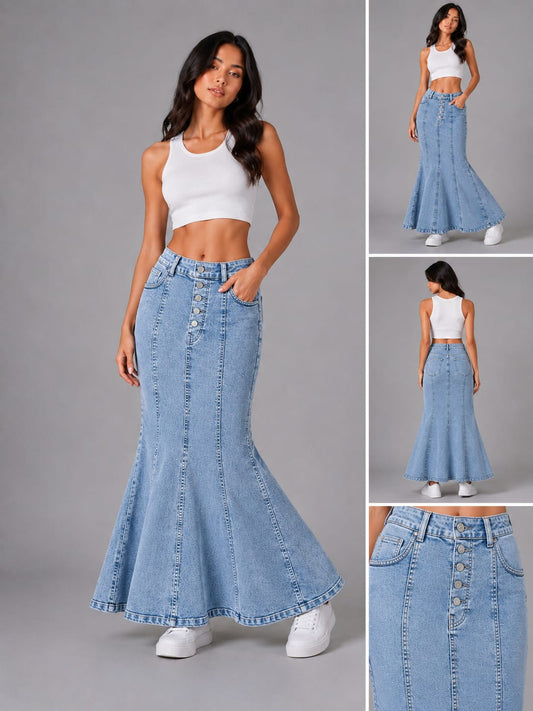 Women’s High-Waisted Black Flared Denim Maxi Skirt