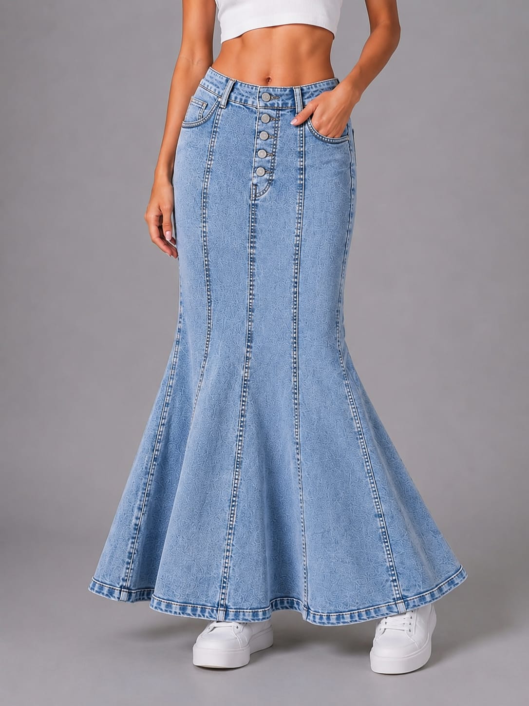 Women’s High-Waisted Black Flared Denim Maxi Skirt