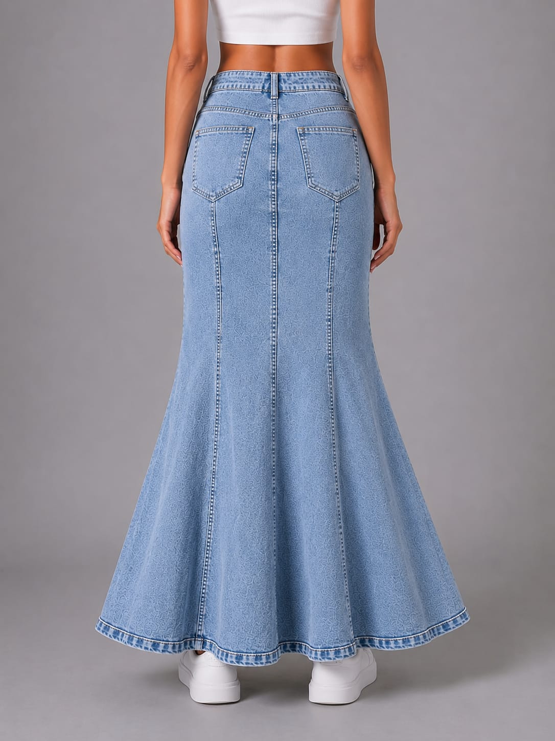 Women’s High-Waisted Black Flared Denim Maxi Skirt