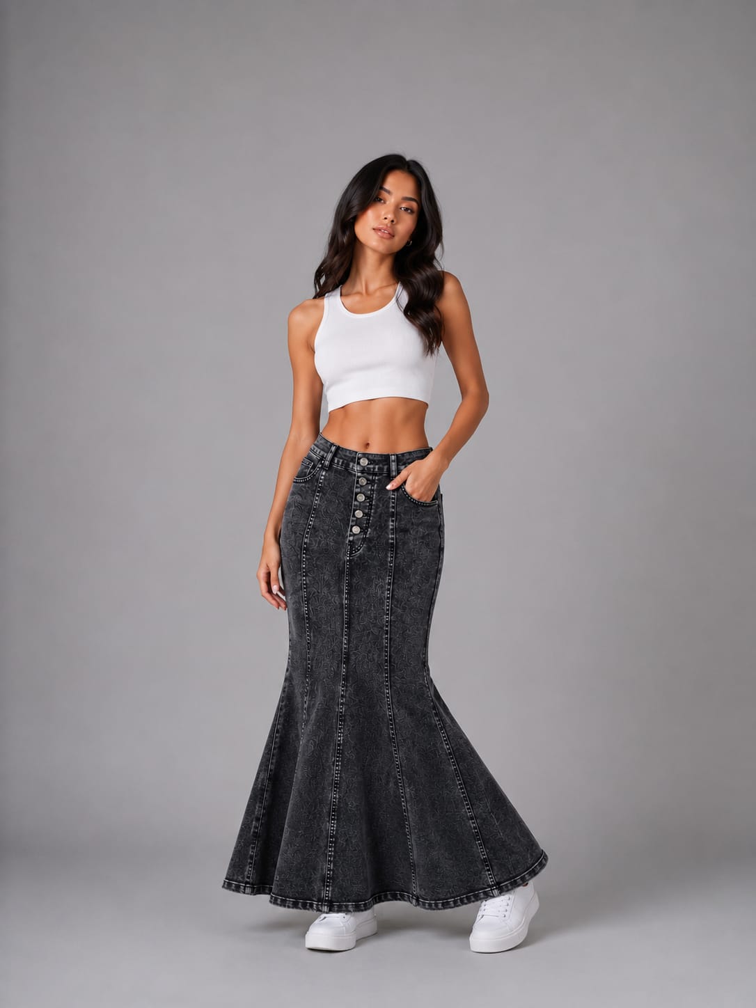 Women’s High-Waisted Black Flared Denim Maxi Skirt