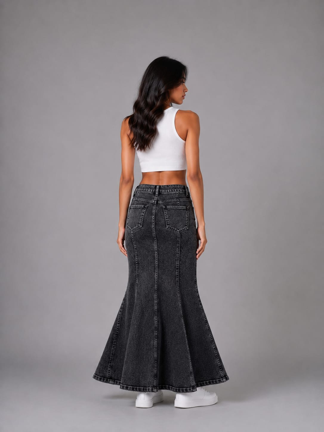 Women’s High-Waisted Black Flared Denim Maxi Skirt