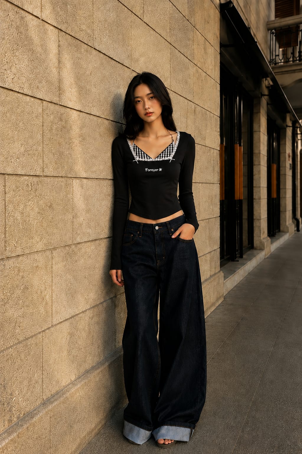 Forever Lace Contrast Long Sleeve Top