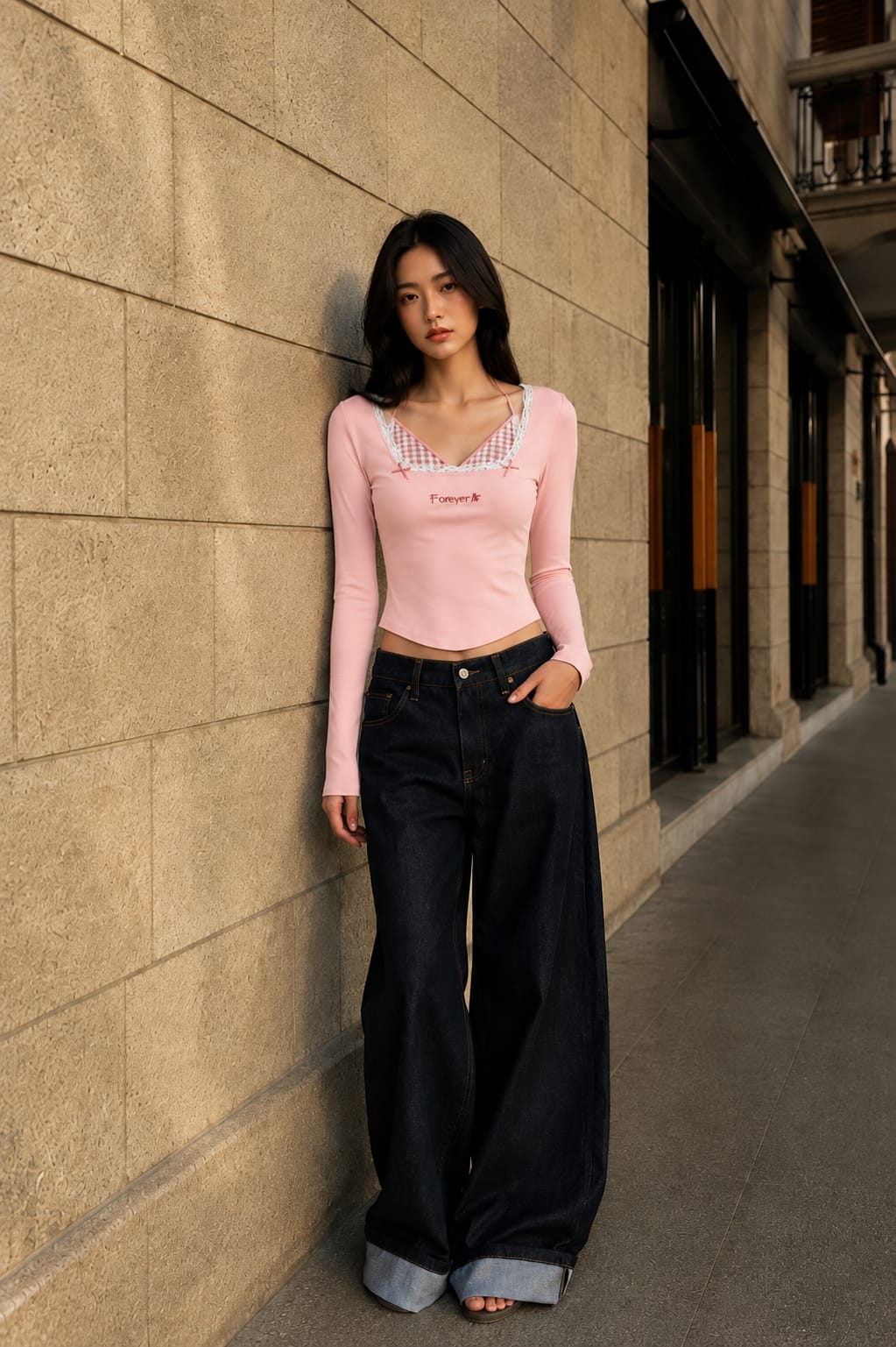 Forever Lace Contrast Long Sleeve Top