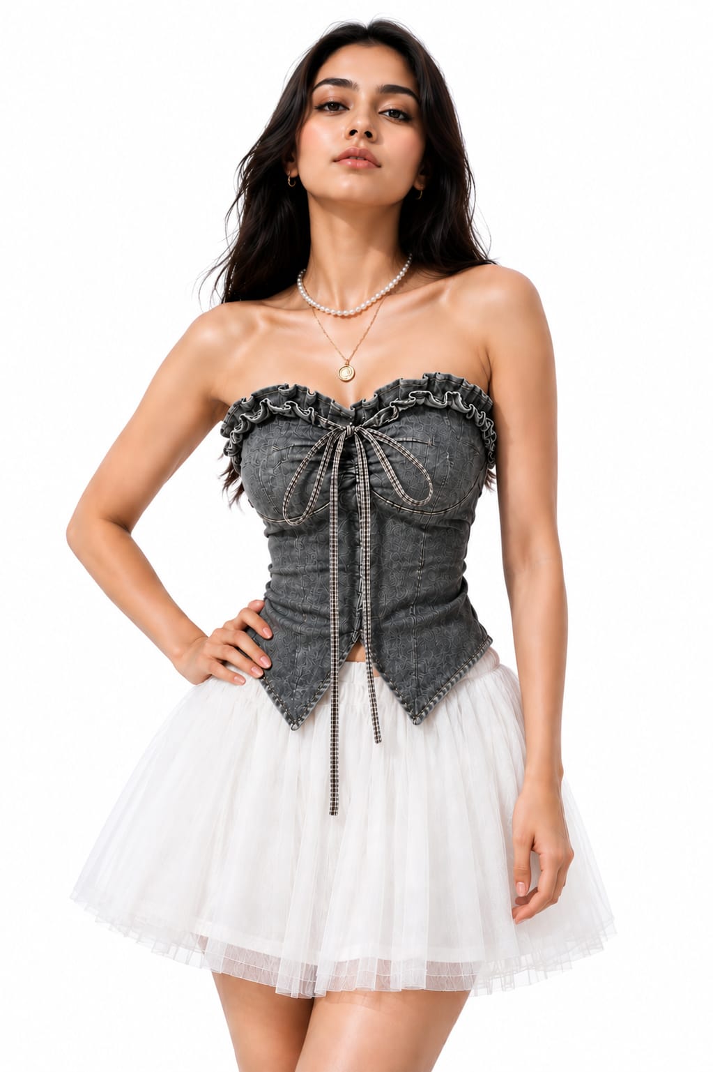 Women’s Denim Corset Top with White Tulle Skirt