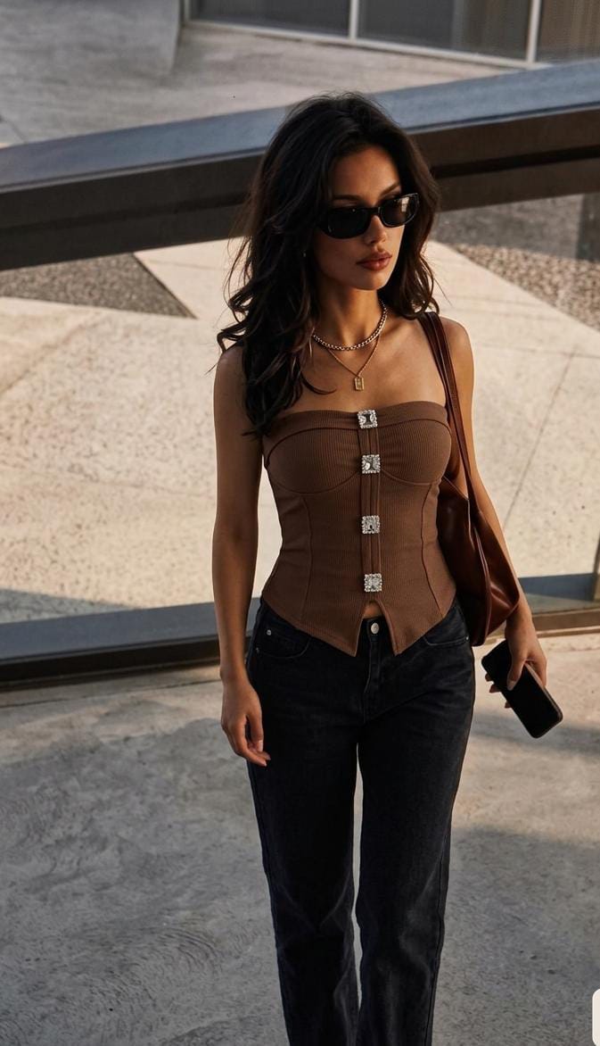 Crystal Embellished Ribbed Tube Corset Top