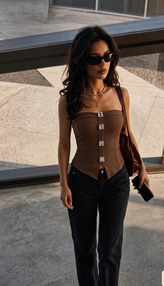 Crystal Embellished Ribbed Tube Corset Top