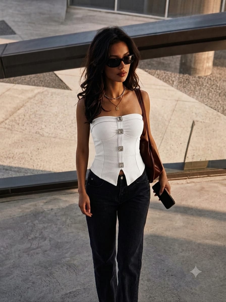 Crystal Embellished Ribbed Tube Corset Top