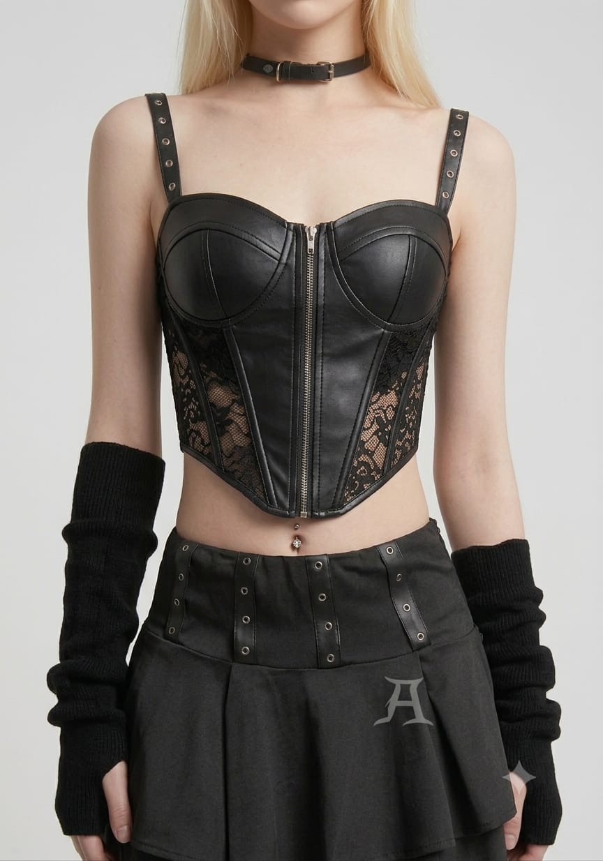 White Faux Leather & Lace Corset Top