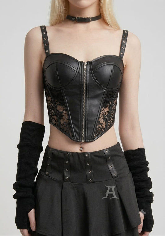 White Faux Leather & Lace Corset Top