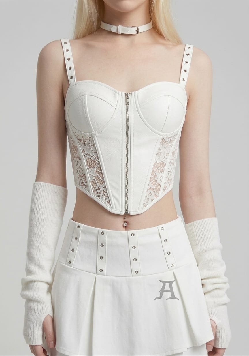White Faux Leather & Lace Corset Top